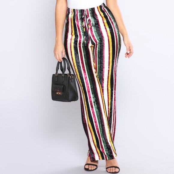 Fashion Nova Yeva Velvet Striped Straight Leg Multicolor Velvet Pants Sz M - Picture 1 of 12